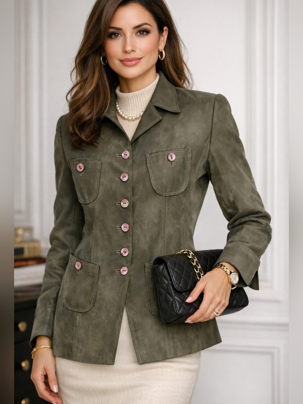 Vintage Dana Buchman Olive Green Military Style Jacket Womens 8 Button Front Pre